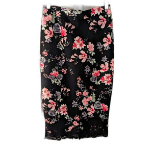 Express Skirt Women's sz 0 Black/pinks Floral Midi Pencil Stretch Cottagecore